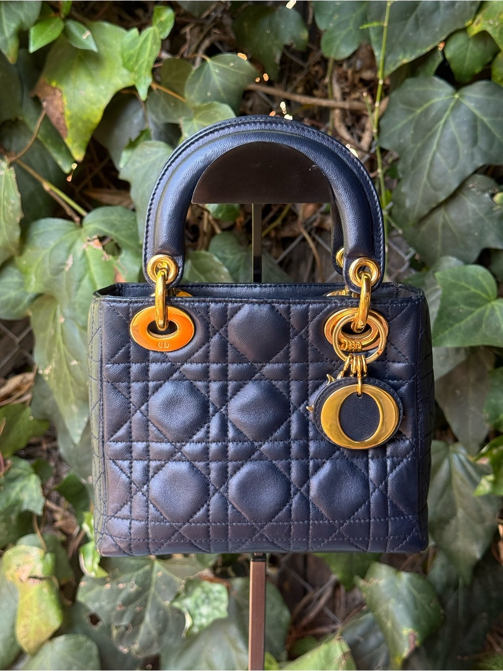 Vintage Lady Dior Mini Satchel Bag in Navy with 24k Gold Plated Hardware